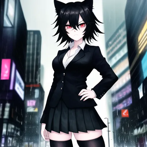 この画像には、黒猫の耳、黒髪、赤い目をした若い女性が写っています。彼女は黒のスーツジャケット、白のブラウス、黒のプリーツスカートを着ています。また、黒のニーハイストッキングと黒のブーツも履いています。彼女は自信に満ちた表情で、片手を腰に当てて立っています。画像の背景はぼやけた街並みです。