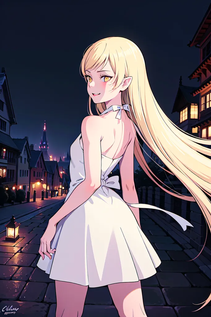 The image is a portrait of a young woman with long blonde hair and yellow eyes. She is wearing a white dress with a low back and a bow at the waist. The woman is standing in a dark alleyway, with a lantern on the ground to her right. The alleyway is lit by the light of the lantern and the woman's eyes. The woman is smiling and looking at the viewer.