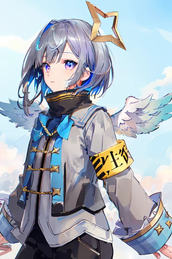 Esta é uma imagem de uma garota em estilo anime com cabelos prateados e olhos roxos. Ela está usando um casaco cinza e azul com uma braçadeira amarela que tem texto japonês preto. Ela também tem asas de anjo brancas e azuis. Ela está olhando para a direita do quadro, que é preenchido principalmente por um céu azul e nuvens brancas.