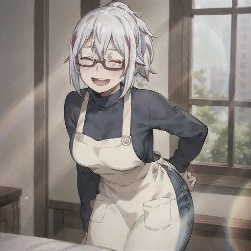 The image shows a young woman with white hair and blue eyes. She is wearing a black turtleneck blouse, a white apron, and blue jeans. She has a ponytail and is wearing glasses. She is standing in a kitchen, smiling, and has her hands on her hips. There is a window in the background.