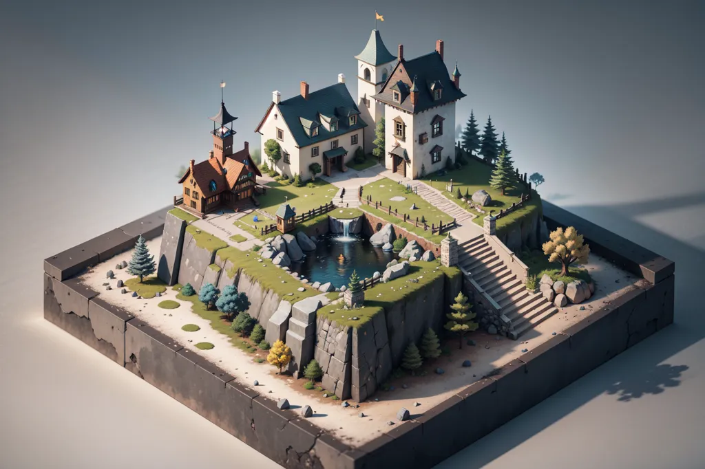 L'image montre une maquette d'un village de fantasy. Le village est construit sur une colline rocheuse, entouré d'arbres et de montagnes. Il y a trois maisons dans le village, un puits et un petit étang. Les maisons sont toutes en bois et ont des toits de chaume. Le puits est en pierre et l'étang est entouré de rochers. Il y a un chemin qui mène du bas de la colline au village.