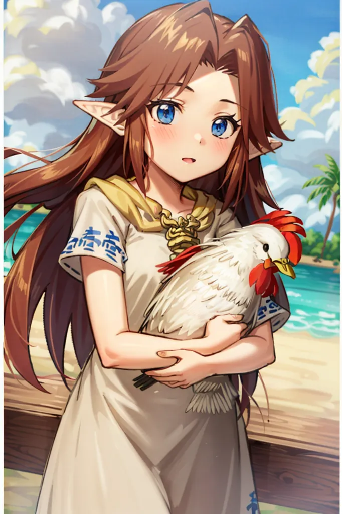 This image shows a young girl with long brown hair and blue eyes. She has pointy ears and is wearing a white dress with a blue sash. She is standing on a dock and is holding a chicken in her arms. The chicken is white with red and yellow feathers on its head. The girl is smiling at the chicken. In the background, there is a beach, palm trees, and the ocean.