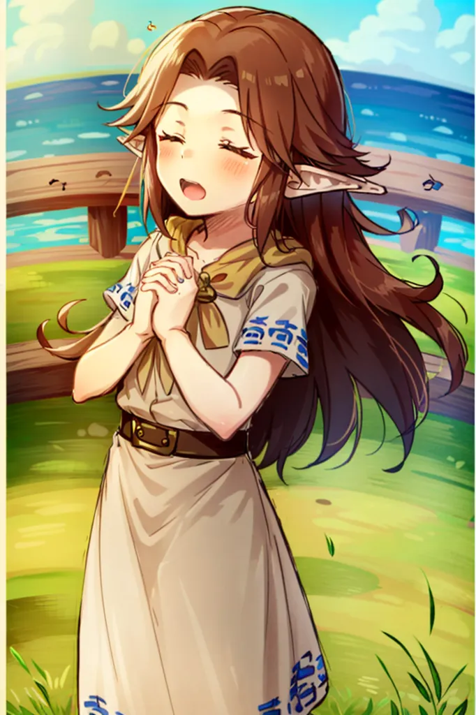 This image shows a young girl with long brown hair and pointy ears. She is wearing a white dress with a brown belt and a yellow scarf with blue symbols on it. She is standing in a field of grass with a wooden fence in the background. The girl has her hands together in front of her chest and is looking up. She has a happy expression on her face.