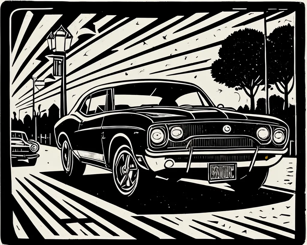 The image is in black and white. It shows a 1960s car driving down a street. The car is in the foreground and is facing the viewer. The background is a cityscape with buildings and trees. The image is in a linocut style, with bold lines and simple shapes.