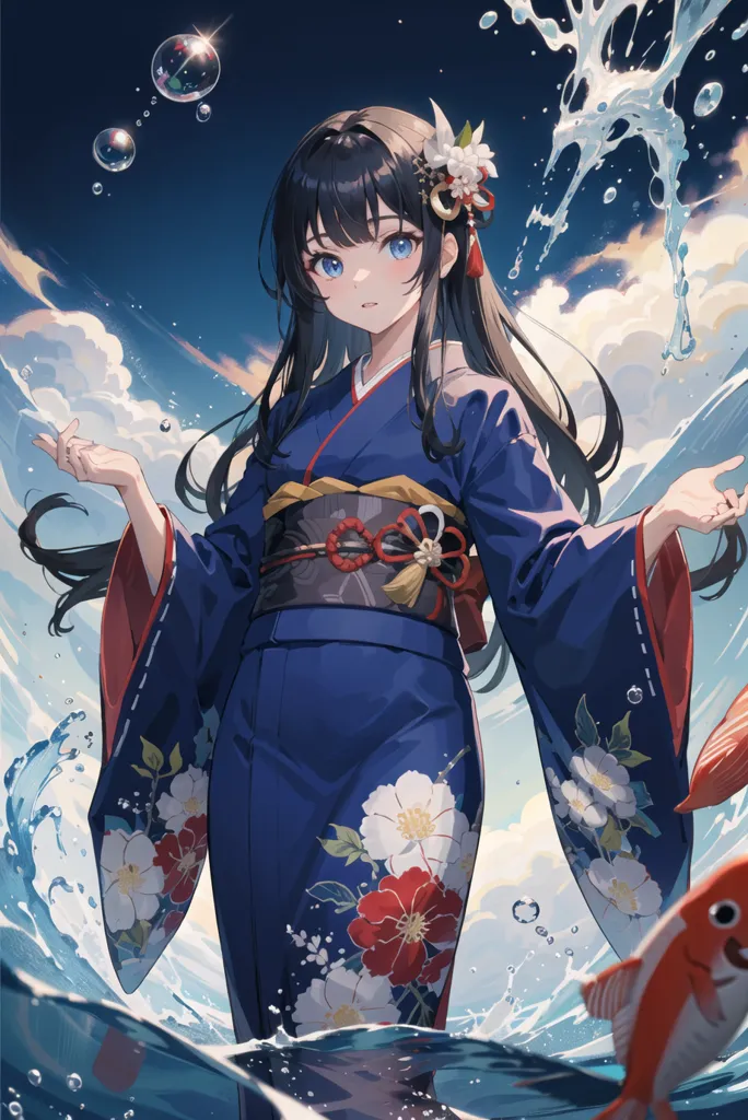 The picture shows a girl in a blue kimono with a white and red floral pattern. The kimono is tied with a red and white sash. The girl has long black hair that is flowing in the wind. She is standing in a body of water with a red and white fish swimming near her. The background is a stormy sky with dark clouds and crashing waves.