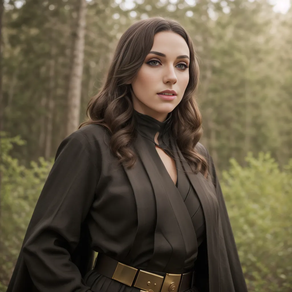 The image shows a young woman, probably in her early 20s, with long, wavy brown hair and light makeup. She is wearing a dark green dress with a high collar and a gold belt. The dress has an asymmetrical hem. She is standing in a forest, looking to the right of the frame. The background is blurry, with trees and leaves.