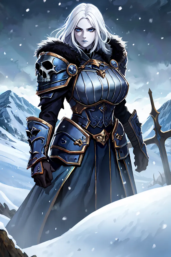 The picture shows a tall, slender woman with long white hair and blue eyes. She is wearing a suit of armor that is blue and gray in color. The armor has skulls on the shoulder pads. She is also wearing a fur cape. She is standing in a snowy landscape and there are mountains in the background.