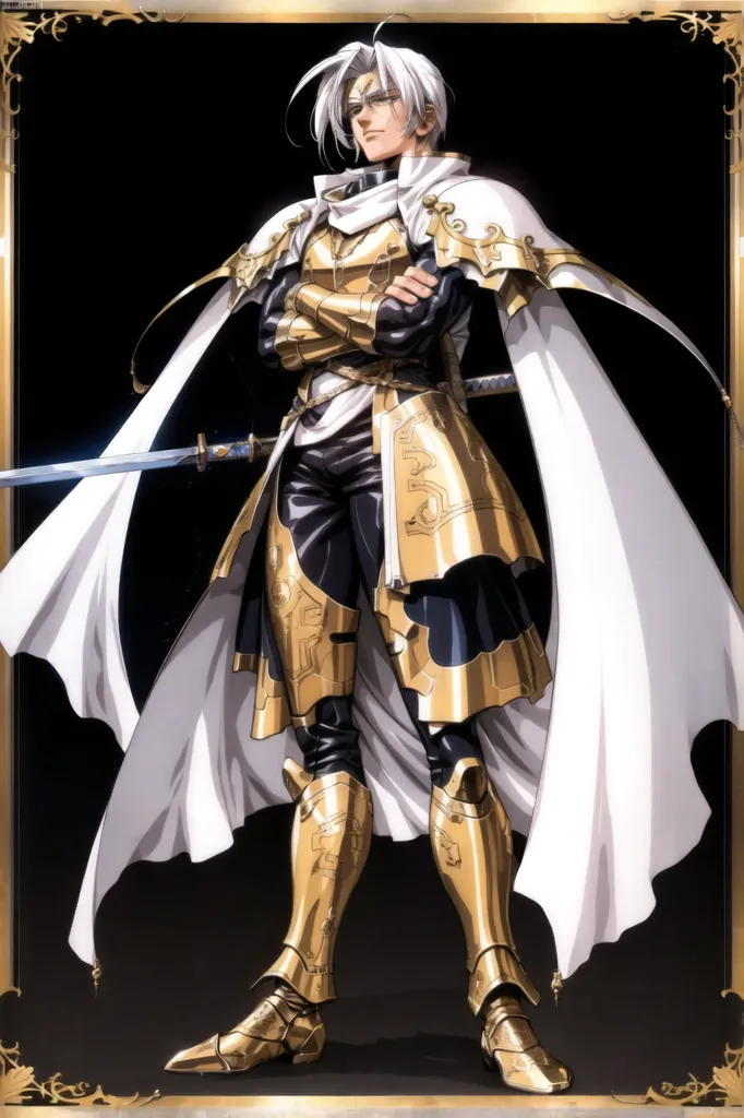 The image is of a young man with white hair and silver eyes. He is wearing a golden armor with a white cape. He is also wearing a sword on his left hip. The background is black with a golden frame around the image.