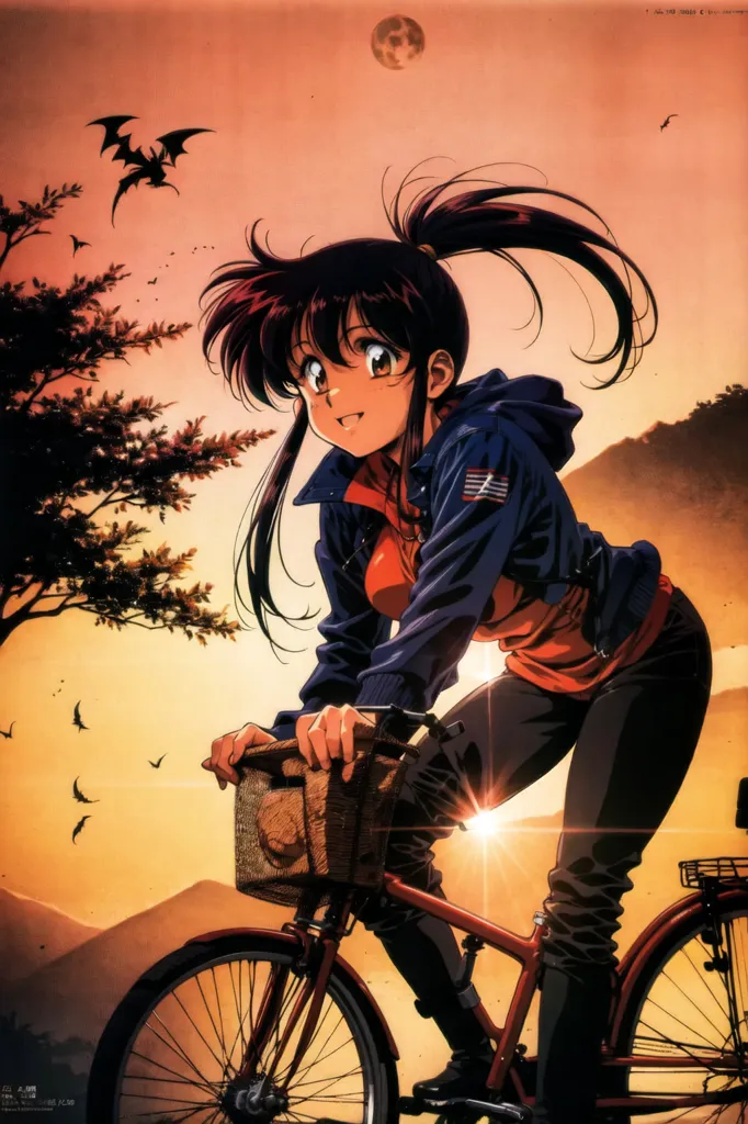 The image is an anime-style illustration of a young woman riding a bicycle. She is wearing a blue jacket, red shirt, and black pants. She has long brown hair that is tied in a ponytail. The woman is riding in a rural setting, with a large tree, mountains, and a setting sun in the background. The sky is orange and there are bats flying in the sky. The woman is smiling and appears to be enjoying the ride.