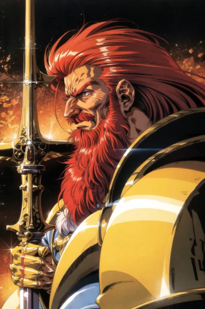 This image shows a man with red hair and beard wearing golden armor. He is holding a sword in his right hand. The background is filled with stars and a bright light.