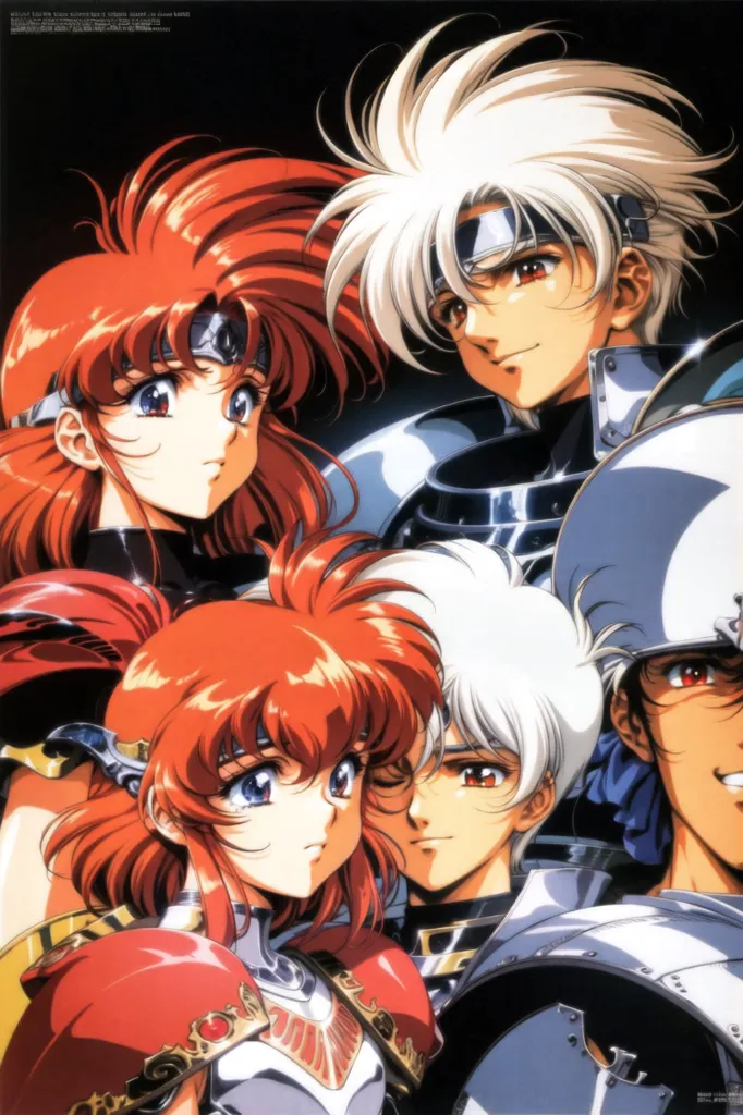 This is an illustration from the anime series "Record of Lodoss War". It shows five characters from the series. From left to right: Deedlit, Parn, Ghim, Slayn, and Etoh. Deedlit is a red-haired elf with blue eyes. She is wearing a white and red outfit. Parn is a brown-haired human with green eyes. He is wearing a blue and white outfit. Ghim is a white-haired human with red eyes. He is wearing a black and white outfit. Slayn is a red-haired human with blue eyes. He is wearing a white and blue outfit. Etoh is a brown-haired human with red eyes. He is wearing a blue and white outfit.