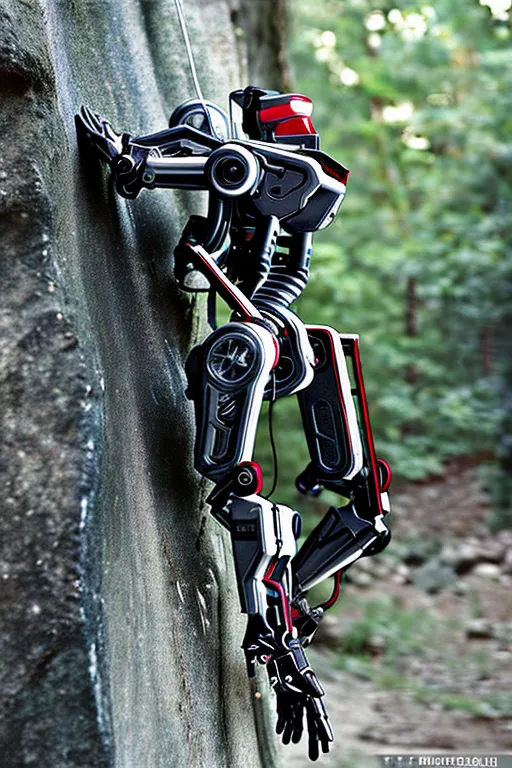 The image shows a black and gray robot with red accents climbing a rock face. The robot has a humanoid body with four limbs, each of which has a wheel attached to it. The robot is using its hands and feet to grip the rock face and is pulling itself upwards. The robot's head is turned to the side and it has a red light shining from its eyes. The background of the image is a blur of green trees.