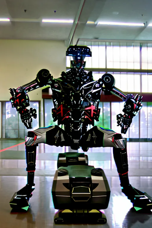 The image shows a black and silver robot sitting on a black and gray seat. The robot is made of metal and has a shiny surface. It has a large head with a visor over its eyes and a small body with long arms and legs. The robot is sitting in a relaxed position with its legs crossed and its arms resting on its knees. The background of the image is a large, empty room with white walls and a gray floor. There are several windows in the background and a red line on the floor.