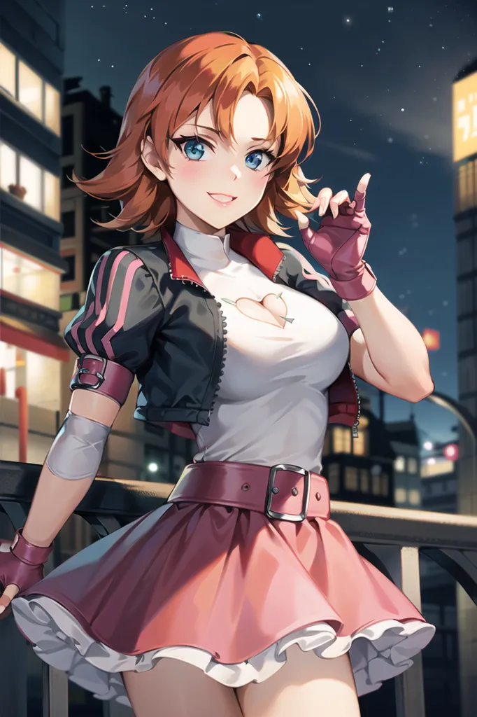 The image shows a young woman with orange hair and blue eyes. She is wearing a white shirt, a pink skirt, and a black jacket. She is also wearing a belt with a heart-shaped buckle. She is standing on a railing in front of a city at night. The city is lit up by lights and there are stars in the sky. The woman is smiling and has her finger pointing up.