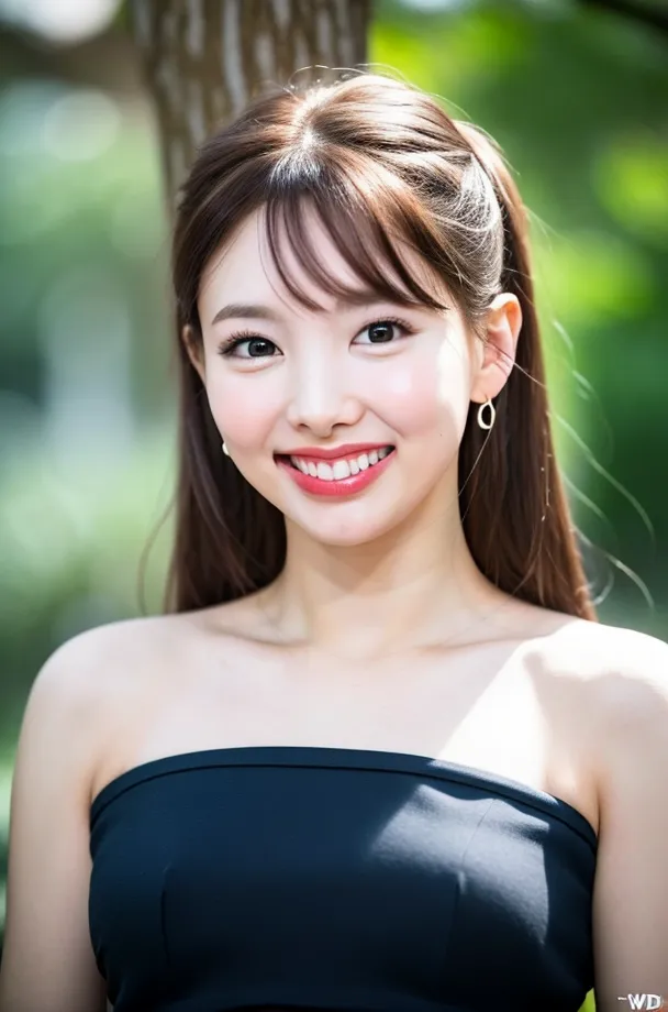 The picture shows a young woman with long, dark hair and bangs. She is wearing a black strapless dress and has a slight smile on her face. The background is blurred, but it looks like she is standing outside. The woman is likely in her early twenties and is very attractive. She has a perfect complexion and her eyes are a light brown color. Her hair is styled in a way that is both casual and flattering. She is wearing very little makeup, but her natural beauty shines through. The woman is standing in a relaxed pose and she seems to be enjoying the moment. She is likely a model or an actress, and she is used to being in front of the camera.