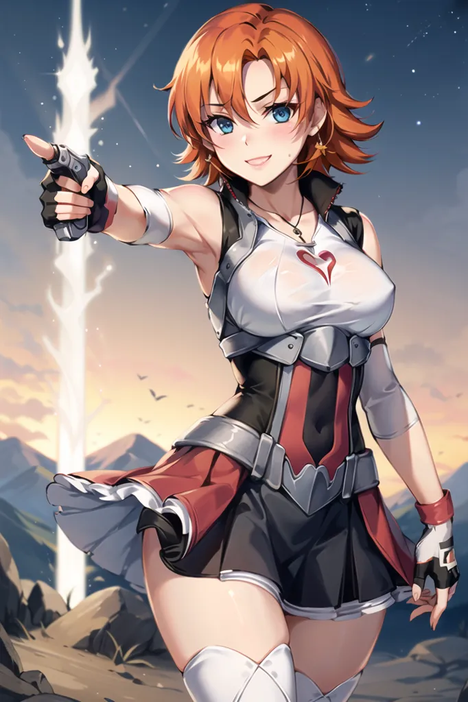 This image depicts a young woman with orange hair and blue eyes. She is wearing a white and red outfit with a heart-shaped symbol on her chest. She is pointing a gun with her right hand. She is standing in a mountainous landscape with a bright light in the background.