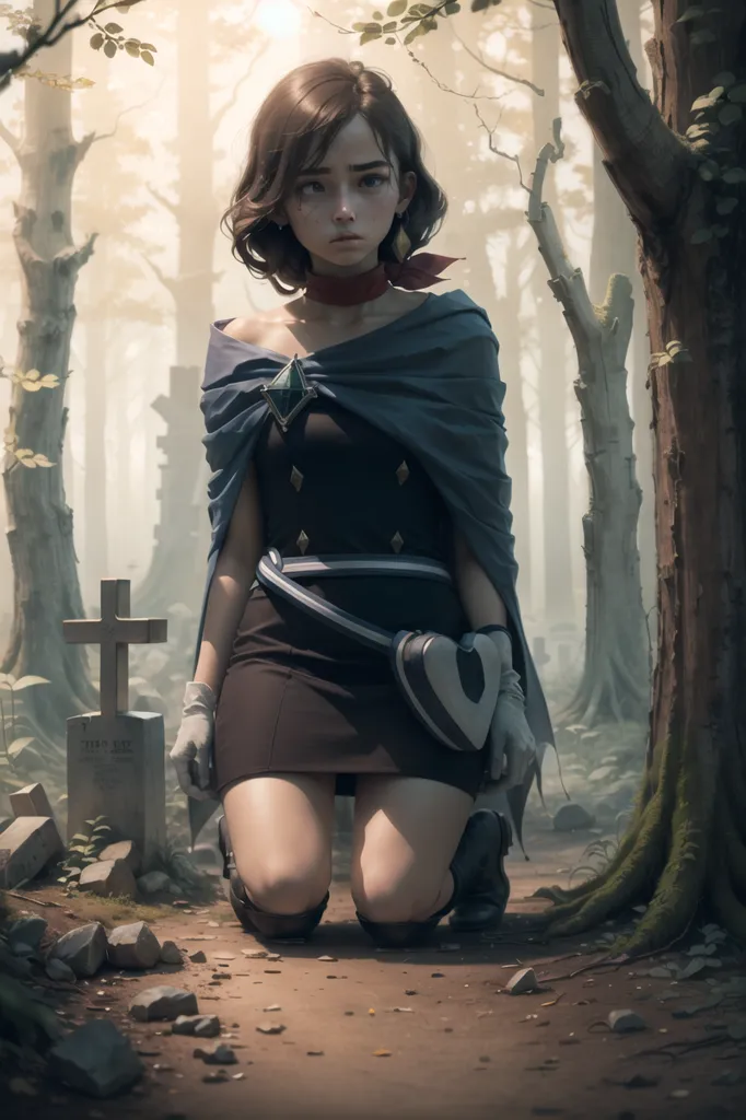 This image shows a young woman with brown hair and blue eyes kneeling in a forest. She is wearing a black dress with a white collar and a blue cape. She has a red scarf around her neck and is wearing white gloves. She is kneeling in front of a grave with a cross on it. The grave is surrounded by trees and there is a mist in the background. The woman is looking down at the grave with a sad expression on her face.