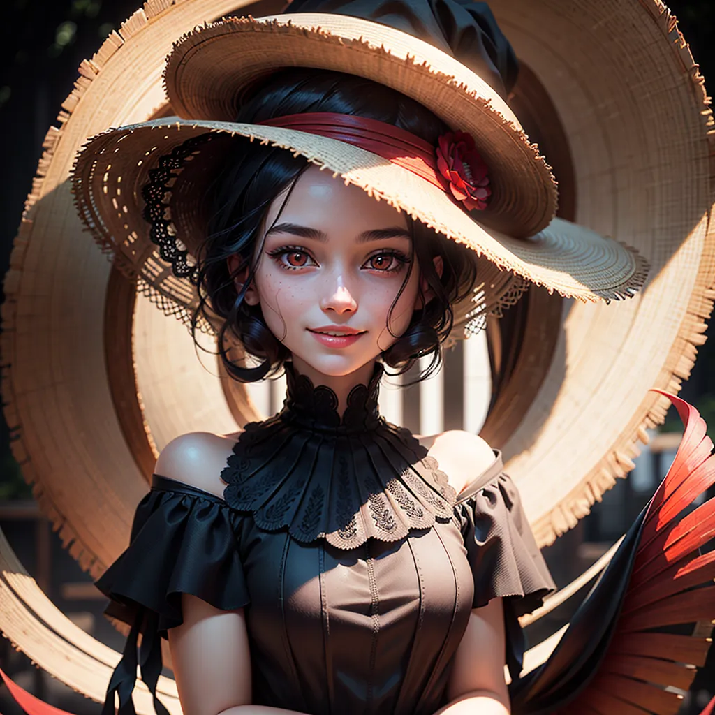 A beautiful young woman with long black hair and brown eyes is wearing a large straw hat with a red ribbon and a black dress with a white collar. She is standing in front of a wooden fence and there are large, coiled, wooden shapes surrounding her.