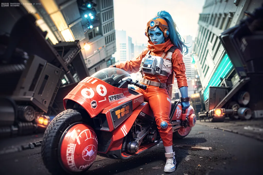 This is an image of a woman sitting on a motorcycle. The woman is wearing a red and orange jumpsuit. She has blue hair and blue skin. She is wearing a helmet and goggles. The motorcycle is red and black. It has a large front wheel and a small back wheel. The motorcycle is also has a large engine. The woman is sitting on the motorcycle with her right hand on the handlebars and her left hand on the seat. She is looking at the camera. The background is a city. There are tall buildings and a lot of traffic. The image is in a realistic style.