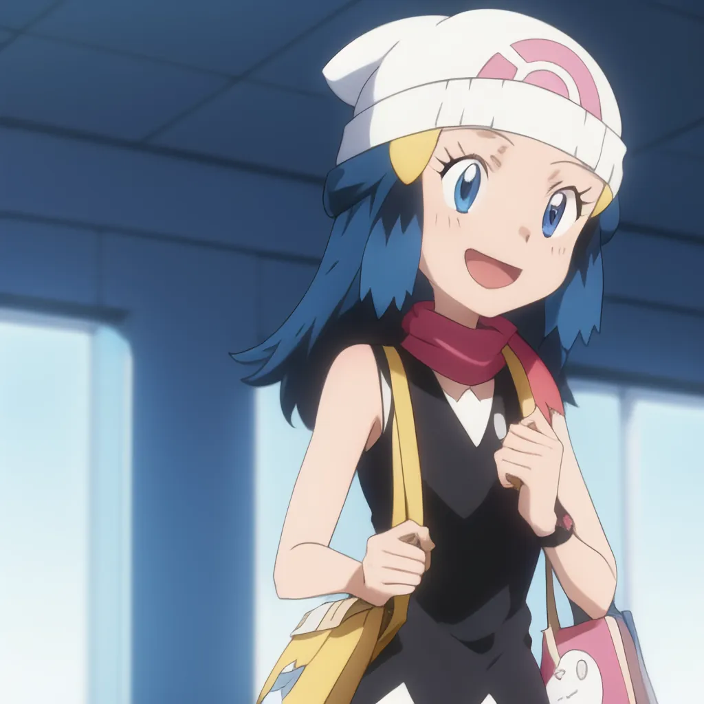 The image shows a young girl with blue hair and blue eyes. She is wearing a white hat with a red circle on it, a black sleeveless shirt, a red scarf, and a yellow backpack. She is smiling and looks happy. The background is light blue, and the girl is standing in front of a large window.