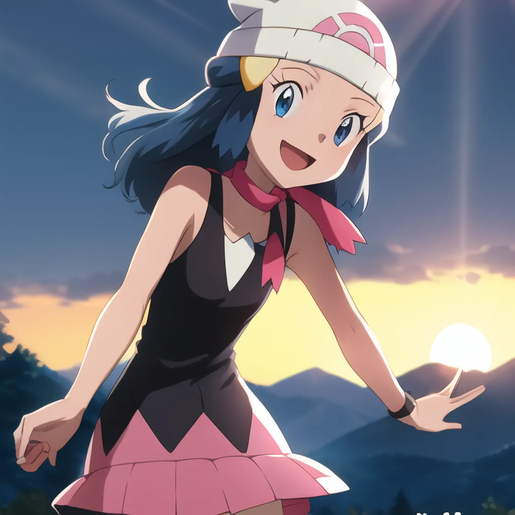 The image shows a young girl with blue hair and blue eyes. She is wearing a black and white hat, a pink scarf, and a black and pink dress. She is standing in a field of grass, with a large mountain in the background. The sun is setting, and the sky is a gradient of orange and yellow. The girl is smiling and has her arms outstretched. She looks happy and carefree.