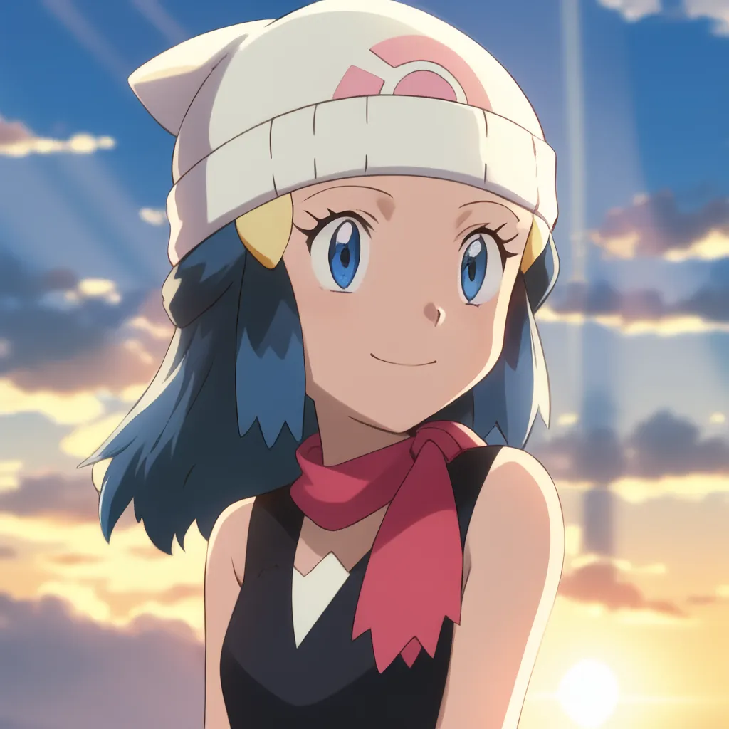 L'image montre une jeune fille aux cheveux bleus et aux yeux bleus. Elle porte un bonnet blanc avec un motif de Pokeball rose, une écharpe rouge et un débardeur noir. Elle a un sourire amical sur le visage et regarde vers le spectateur. L'arrière-plan est un ciel lumineux avec des nuages blancs.