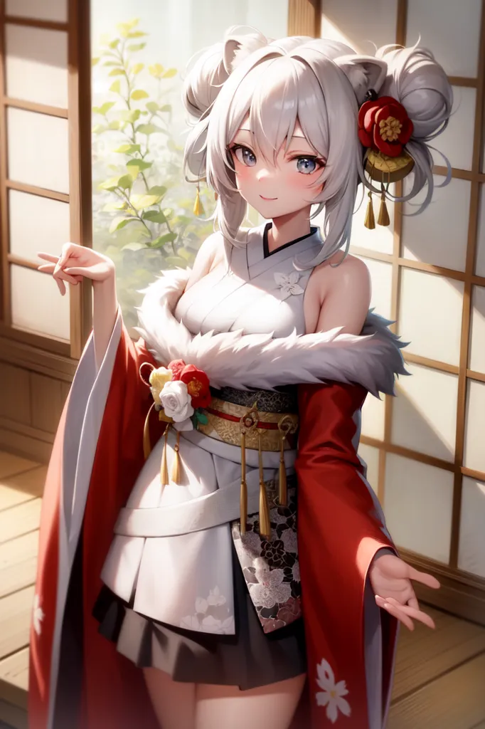 The image depicts a young woman, likely in her late teens or early twenties, dressed in a kimono. The kimono is white with red and gold accents, and features a floral pattern. The woman has long white hair that is tied up in a bun, and her eyes are a light blue color. She is standing in a traditional Japanese room, with a shoji screen in the background. The woman is smiling and has her arms outstretched, as if she is welcoming the viewer.