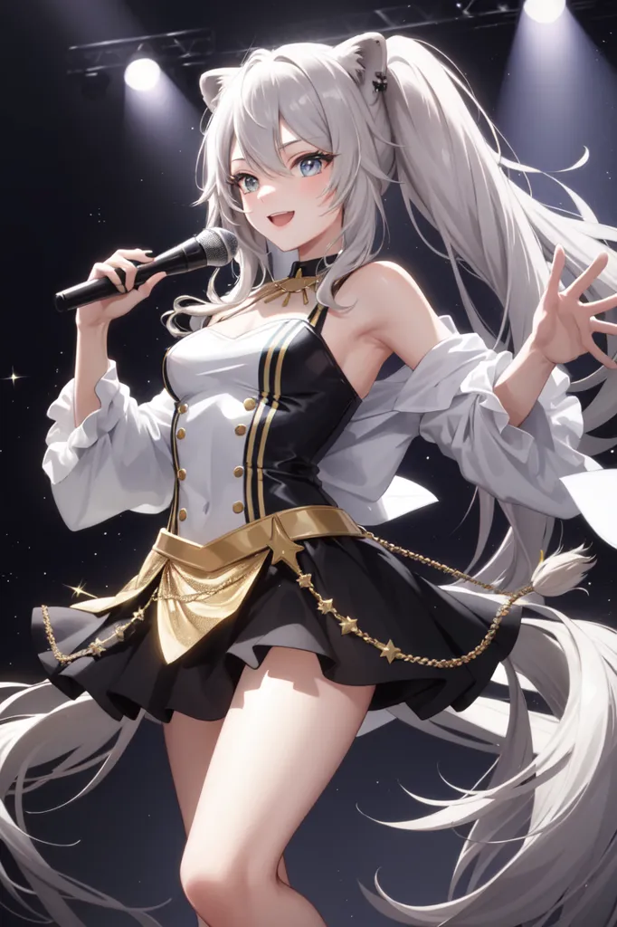 La imagen es una ilustración de estilo anime de una mujer joven con cabello blanco y ojos azules. Lleva un vestido negro y dorado con un cuello blanco y un cinturón dorado. También lleva un par de orejas de gato y una cola de gato. Sostiene un micrófono en su mano derecha y está sonriendo. Está de pie en un escenario con un foco de luz que la ilumina. También hay estrellas brillando en el fondo.