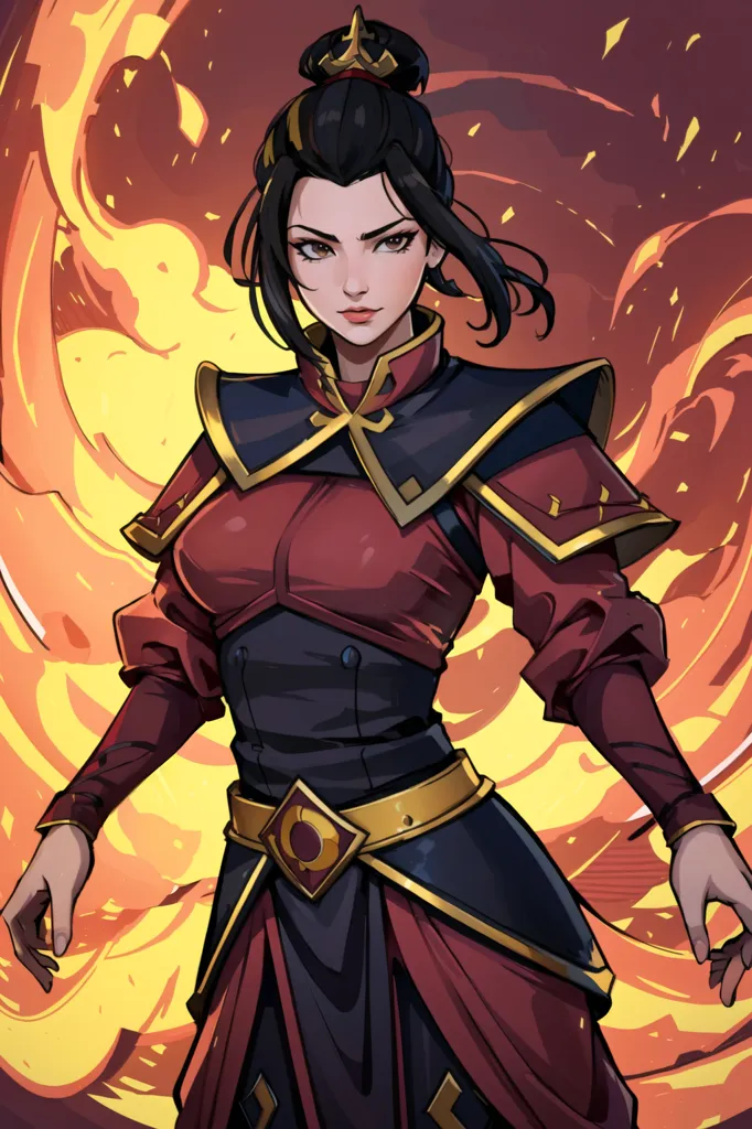 The image shows a young woman with dark hair and red and black outfit. She has a determined expression on her face and is surrounded by flames. She is wearing a red and gold chest plate and a long red skirt with a black sash. She is also wearing a gold necklace and has her hair in a bun. The background is a fiery orange color.