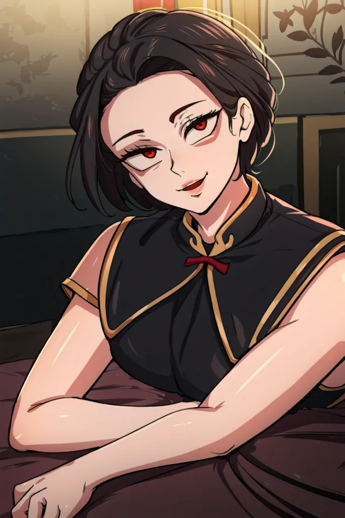 The image is of a woman with long black hair and red eyes. She is wearing a black cheongsam with a red bow at the collar. She is sitting on a bed with her arms crossed and a sly smile on her face. The background is a blur of dark red.