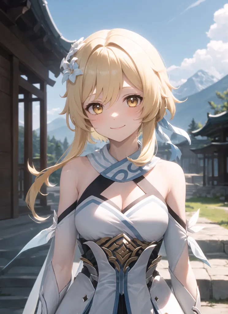 The image shows a young woman with long blonde hair and yellow eyes. She is wearing a white and blue outfit with a yellow flower in her hair. She is standing in a Chinese-style courtyard with a mountain in the background.