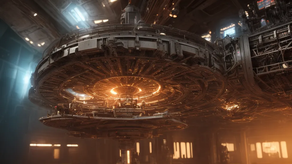 The image shows a large, circular spaceship. It is made of metal and has a complex, geometric design. The ship is lit by a bright light, which is coming from the center of the ship. There are several people working on the ship, and they are all wearing protective gear. The ship is docked in a large hangar, and there are several other ships docked nearby.