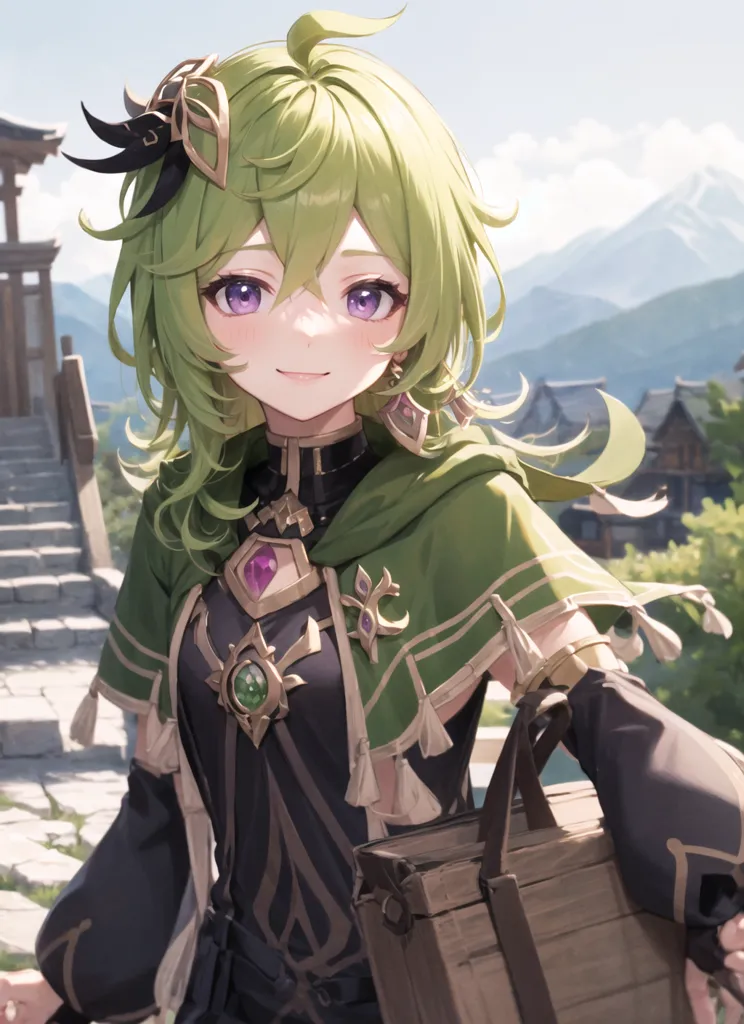 La imagen es de una niña joven con el cabello verde y los ojos morados. Ella está usando un sombrero verde y un vestido negro y verde. Ella está cargando una canasta y hay montañas en el fondo.