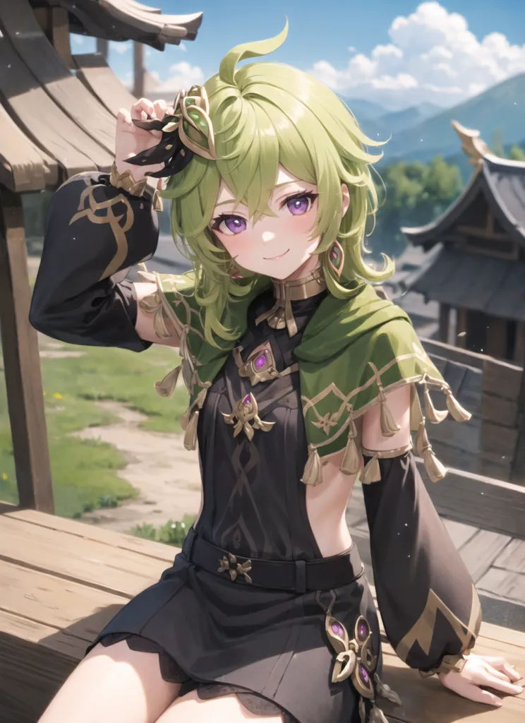 A imagem é de uma garota em estilo anime com cabelos longos verdes e olhos roxos. Ela está usando um vestido preto e verde com um avental branco. Ela está sentada em um corrimão de madeira em um cenário de estilo japonês. Há montanhas ao fundo e um céu azul com nuvens brancas. A garota está sorrindo e tem uma expressão feliz no rosto.