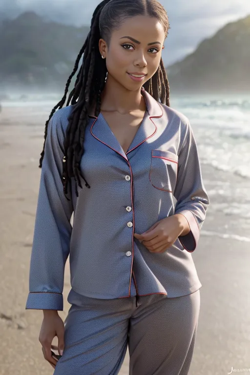 The image shows a young woman of African descent standing on a beach. She is wearing a gray silk pajama set with red piping. The woman has long black hair that is pulled back in a ponytail. She is smiling and looking at the camera. The background of the image is a blurred beach scene with the ocean in the distance.