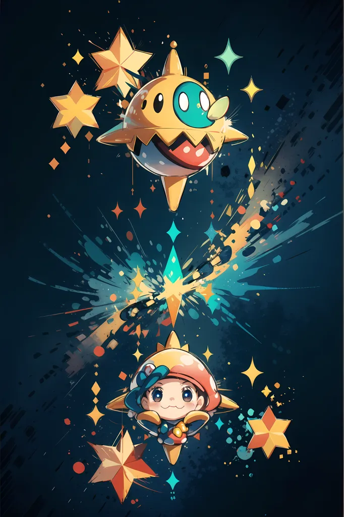 The image is of two characters from the Mario series. The characters are Toadette and a Starman. Toadette is a small, humanoid character with a pink hat and blue overalls. She is floating through the air, surrounded by stars. The Starman is a large, yellow creature with a star-shaped head. It is also floating through the air and has a surprised expression on its face. The background is a dark blue color.