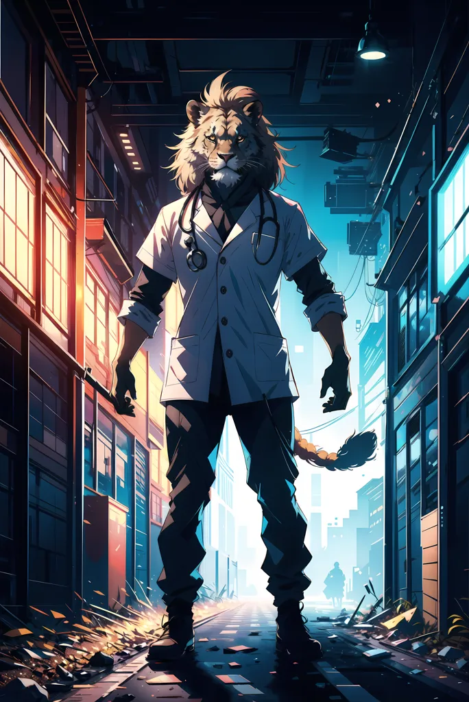 The image shows a lion wearing a white lab coat and a stethoscope around its neck. It is standing in a dark alleyway, with buildings on either side. The lion has its hands at its sides and is looking at the viewer with a serious expression.