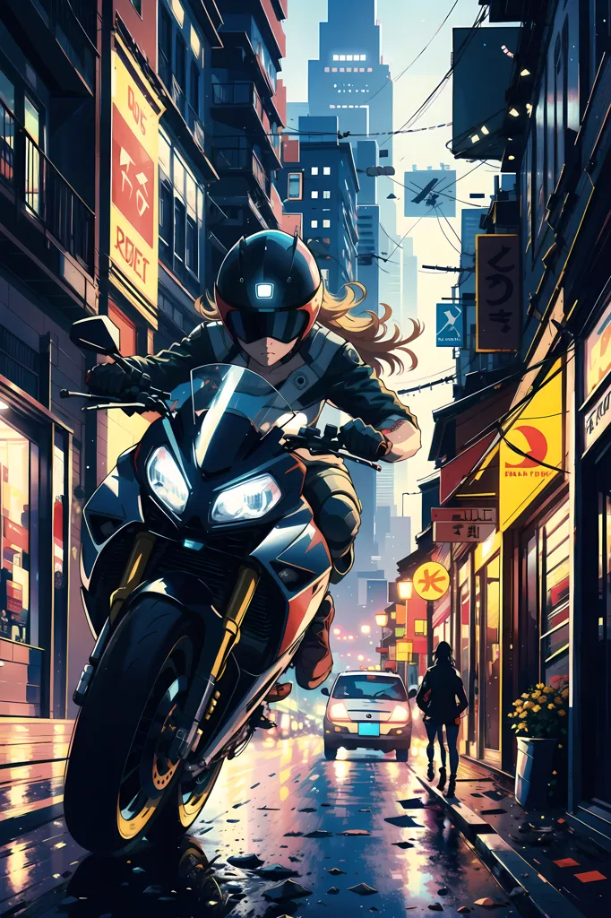 A woman in a black and yellow motorcycle suit is riding a black and yellow motorcycle down a city street. She is wearing a black helmet with a yellow visor. The street is lined with buildings and there are cars parked on either side of the street. There are also people walking on the street. The woman is riding in the middle of the street. The image is in a realistic style and the colors are vibrant.