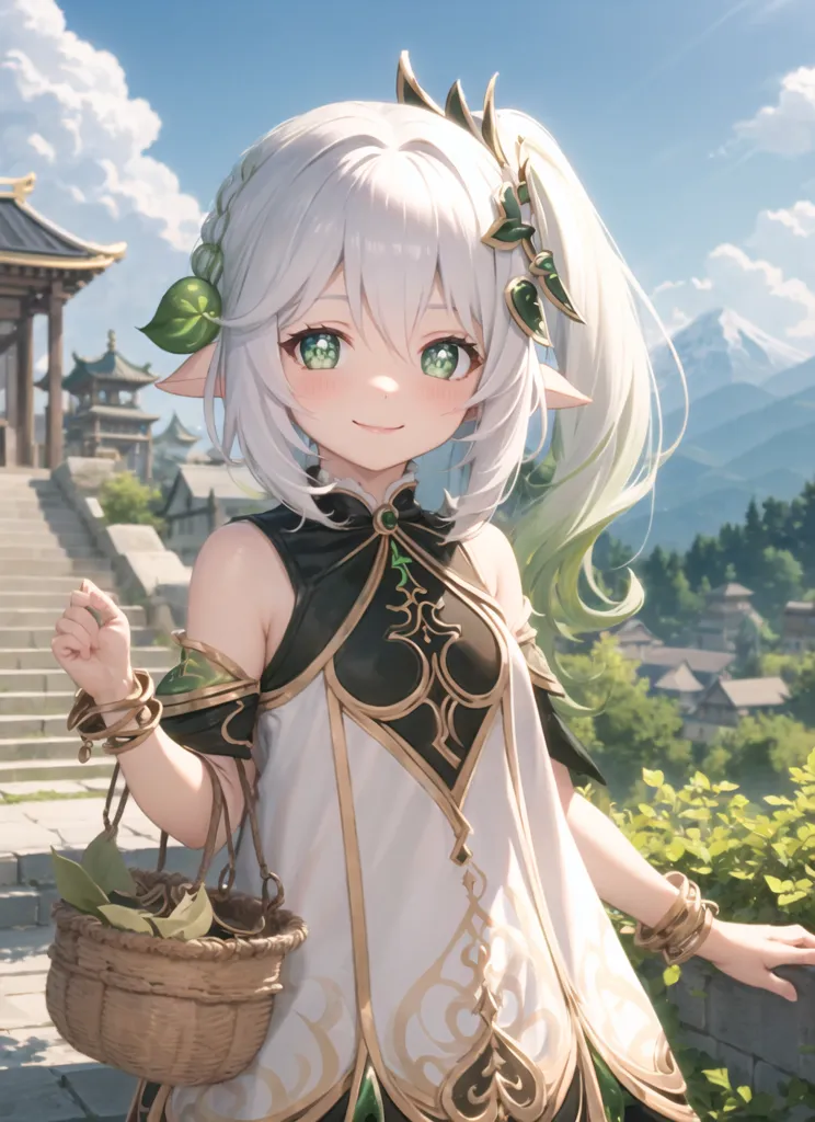 The image is of a young girl with white hair and green eyes. She is wearing a white and green dress with a leaf-shaped hairpin in her hair. She is carrying a basket full of leaves. She is standing in a beautiful place with mountains in the background.