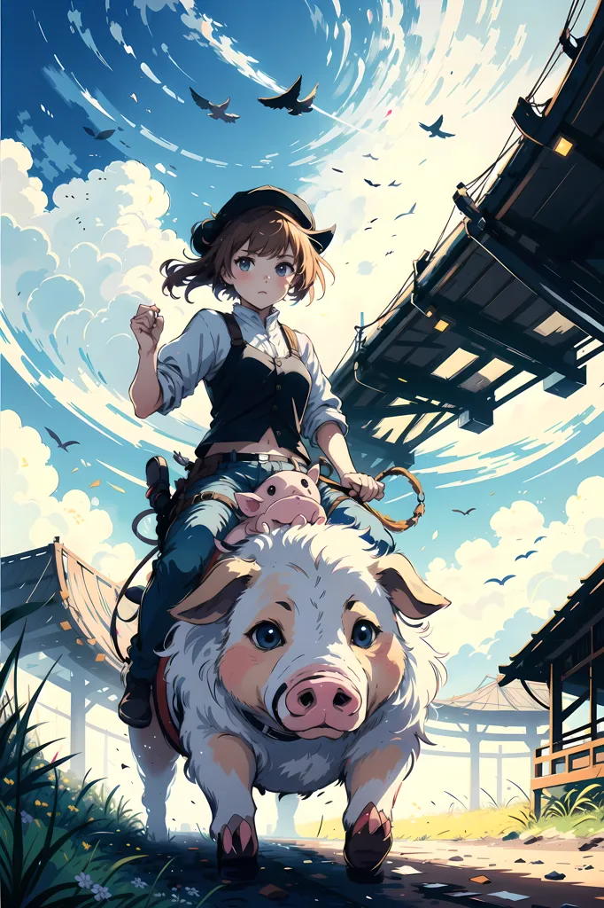 A girl is riding a pig in the countryside. The girl is wearing a brown hat, white shirt, blue vest, and blue jeans. The pig is white with a pink nose. The background is a blue sky with white clouds. There is a bridge in the background.