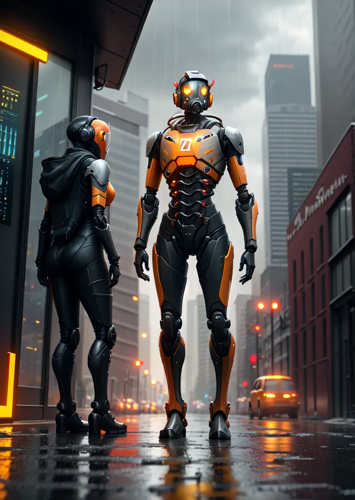 The image is set in a dark and rainy city. There are two people standing in the foreground. They are both wearing futuristic armor. The person on the left is wearing a black and orange suit of armor, and the person on the right is wearing a black and orange suit of armor. They are both looking at each other. There is a building in the background. The building is tall and has a lot of windows. The image is very detailed and realistic.