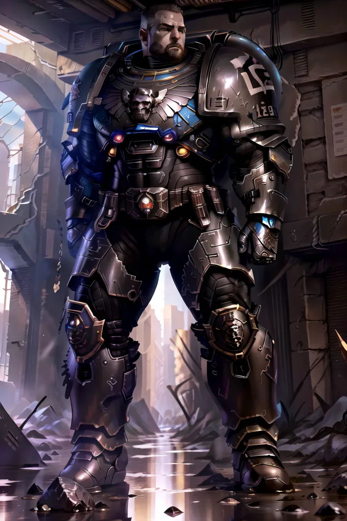 The image shows a Space Marine from the Warhammer 40k universe. He is standing in a dark, ruined city. The Space Marine is wearing black and gold armor and has a skull-shaped helmet. He is armed with a bolter, a chainsword, and a combat knife. The Space Marine is looking at the camera with a determined expression.