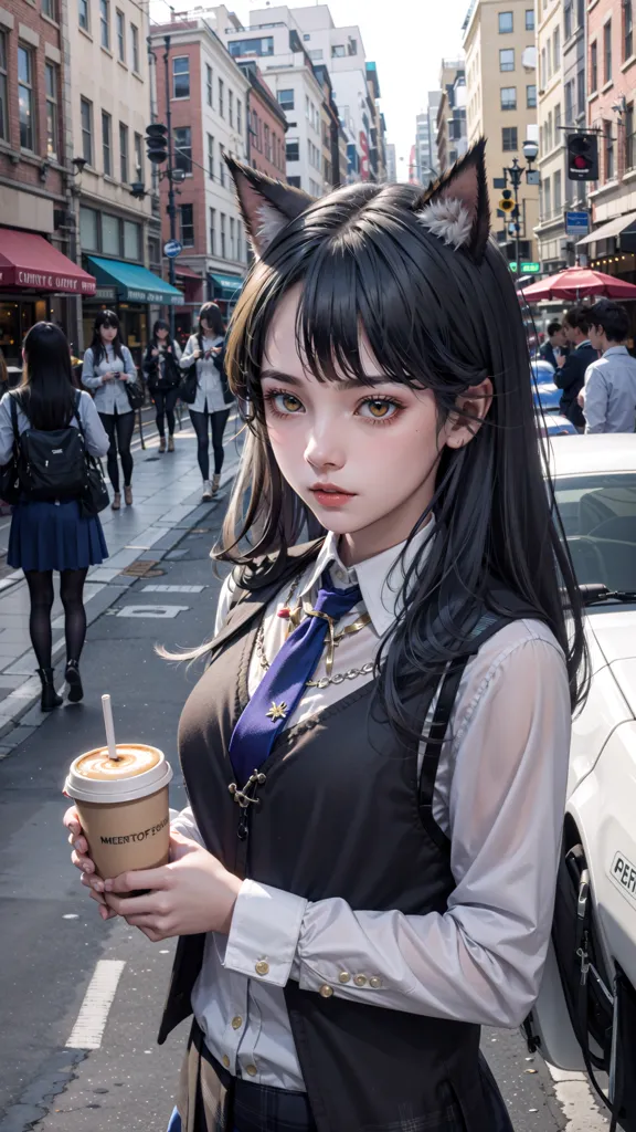 La imagen muestra a una mujer joven con el cabello negro y largo y orejas de gato. Lleva una camisa blanca, un chaleco negro y una corbata azul. También lleva una taza de café. La mujer está de pie en una calle concurrida con un fondo de ciudad y personas caminando por la acera detrás de ella.