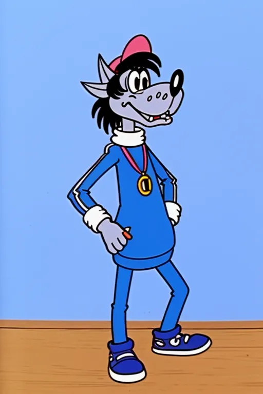 The image shows a cartoon wolf wearing a tracksuit. The wolf has gray fur, black eyes, and a pink nose. He is wearing a white and blue tracksuit with a pink hat. He has a gold medal around his neck and is holding a pencil. He is standing on a brown floor in front of a blue background.