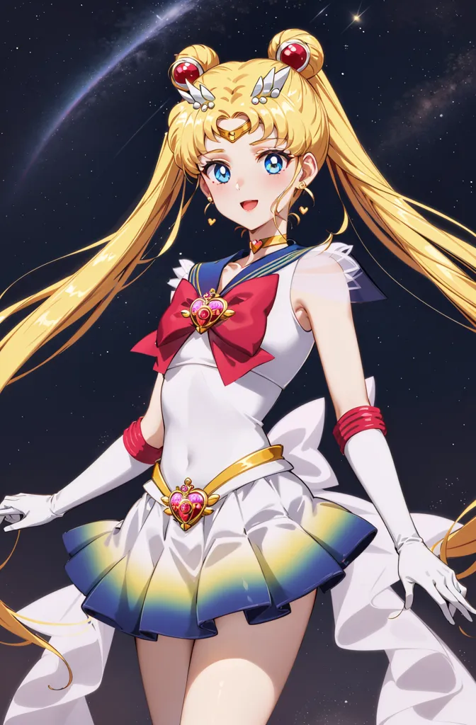 The image is of a young girl with long blonde hair and blue eyes. She is wearing a white and blue sailor suit with a red bow. She has a crescent moon on her forehead and is surrounded by stars. The background is a dark blue night sky with a starry night sky.