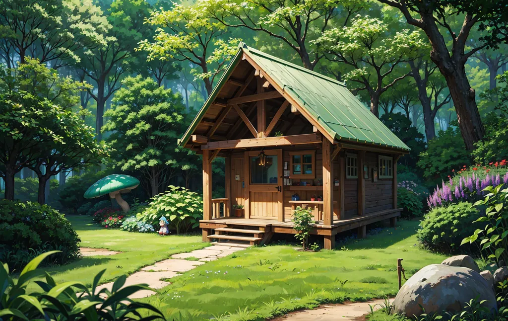 This is a picture of a small wooden house in the middle of a forest. The house has a green roof and a small porch with some plants on it. There is a path leading up to the house and there are some trees and bushes around it. In the distance, there is a large rock. The overall appearance of the image is peaceful and serene.