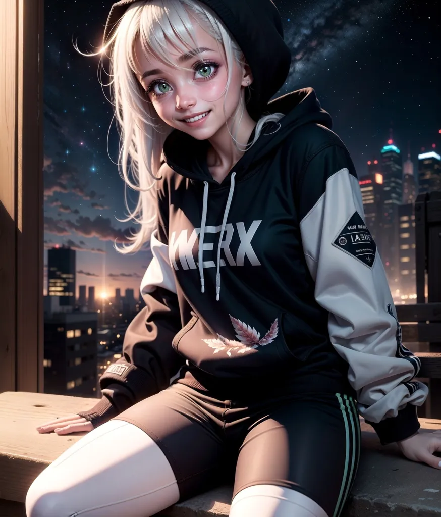 The image is a digital painting of a young woman with long white hair and green eyes. She is wearing a black hoodie with white and gray stripes on the sleeves. The word \