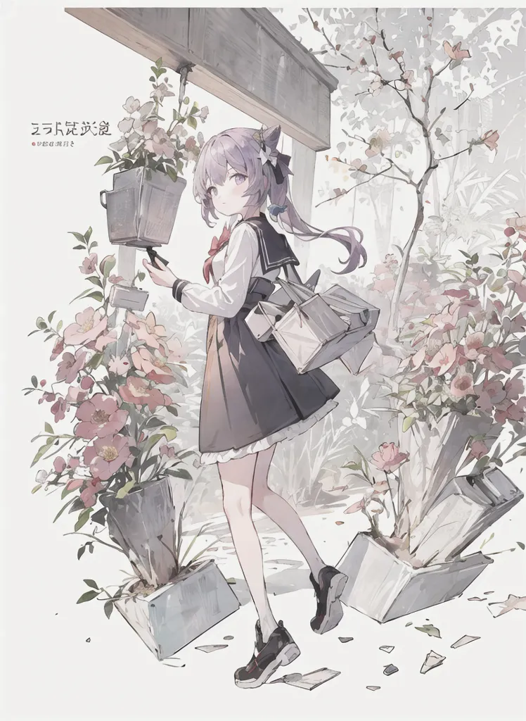 The image is a painting of a young girl with purple hair and cat ears. She is wearing a white shirt, black skirt, and black sneakers. She is standing in a garden with a large tree and many flowers. The girl is holding a basket and there are flowers growing in the basket as well. The background is white with a few gray clouds. The painting is done in a realistic style and the colors are vibrant and bright. The girl's expression is serious and thoughtful.