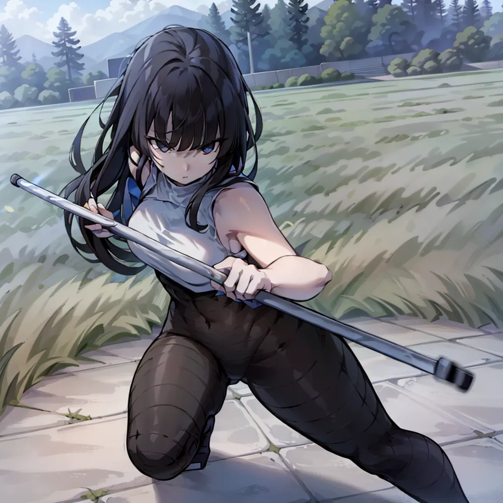 This image depicts a young woman in a white tank top and black leggings, with her long black hair flowing behind her. She is in a park, with trees and mountains in the background. She is holding a long metal rod in her hands, and she is in a fighting stance. She has a determined expression on her face, and it is clear that she is ready to fight.