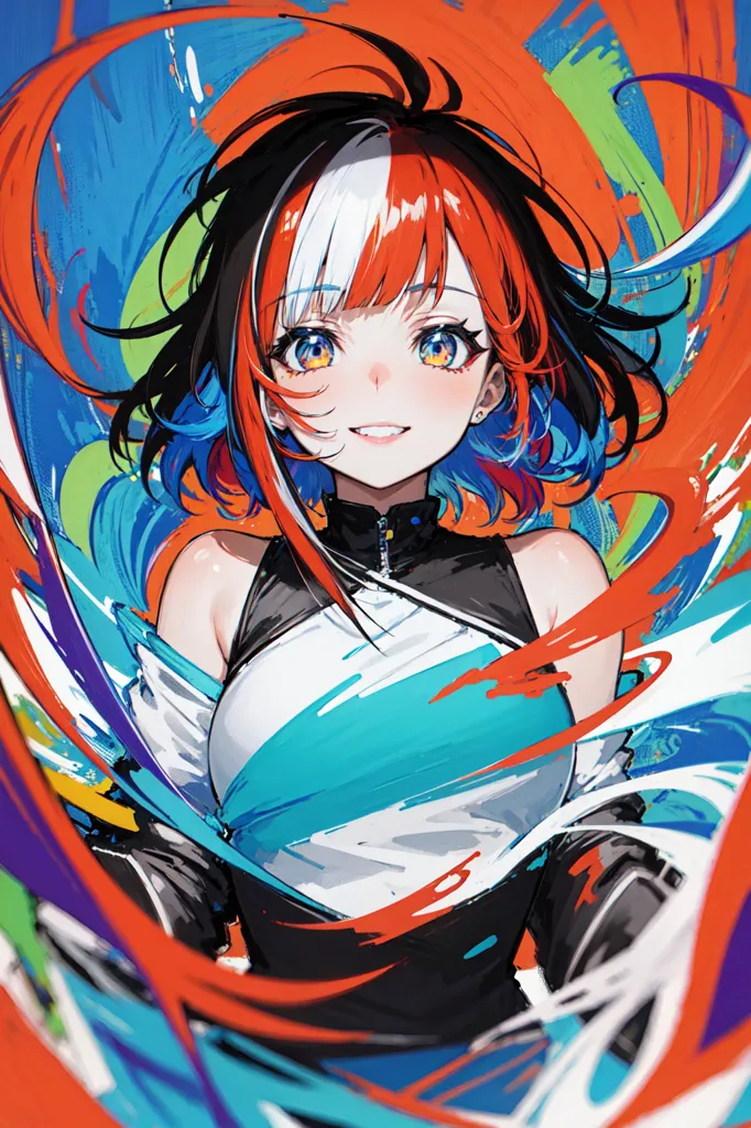 This is an image of an anime-style girl with long, flowing hair that is split into three colors: cobalt blue on the left, crimson red on the right, and white in the middle. She is wearing a black and white bodysuit with a blue stripe going down the middle. She is surrounded by splashes of paint in various colors.